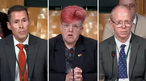 Scottish Parliament Three pictures of two men and a woman answering questions in front of a committee