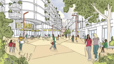 Castlebrooke Investments Another artistic impression of a proposed development in Belfast's Cathedral Quarter. The drawing shows pedestrians walking in front of a tall, curved building called "The Barrell" which has several balconies. 
