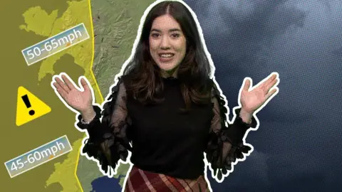 Graphic of BBC weather presenter Sabrina Lee in front of a map with a yellow warning