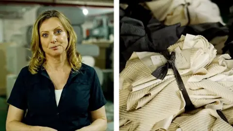 Split-screen image showing Laura Bicker on left side, pile of fabric on the other