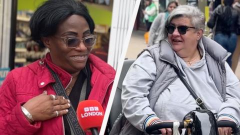 Composite photo which shows a woman on the left wearing a red coat with her hand pointing towards herself and another woman on the right wearing a grey coat sitting on a mobility scooter in sunglasses looking with a slight smile.  