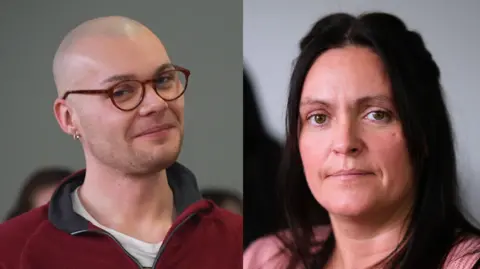A young man with a shaved head and round brown glasses, wearing a maroon zipped top and a white T-shirt, and a woman with long dark brown hair wearing a pink top