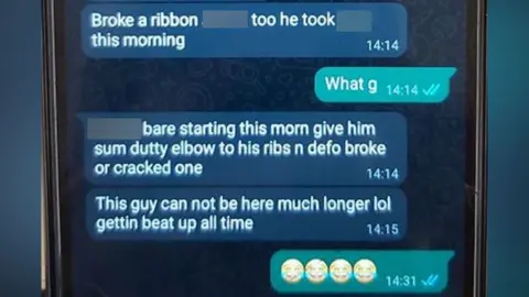 Essex Police A message sent by Postill to Alves. In it, Postill describes elbowing one of the victims in the ribs and suggests he may have cracked or broken the rib. Alves sends four laughing face emojis in response.