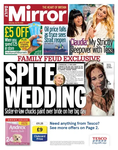The headline on the front page of the Daily Mirror reads: "Spite wedding."