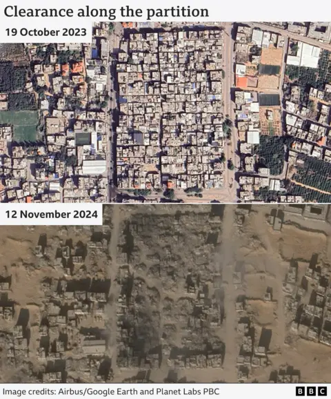 Google Earth/Planet Labs Image showing the destruction of buildings in the new subdivision