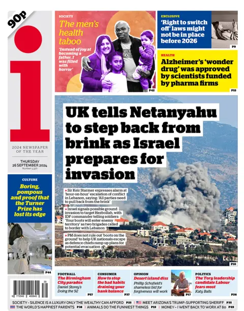 The front page of the i. The headline reads: 'UK tells Netanyahu to step back from brink as Israel prepares for ground invasion'.