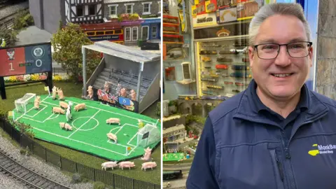 Monk Bar Model Shop/Seb Cheer/BBC An image showing toy pigs pretending to play football, alongside a photo of a man smiling at the camera.