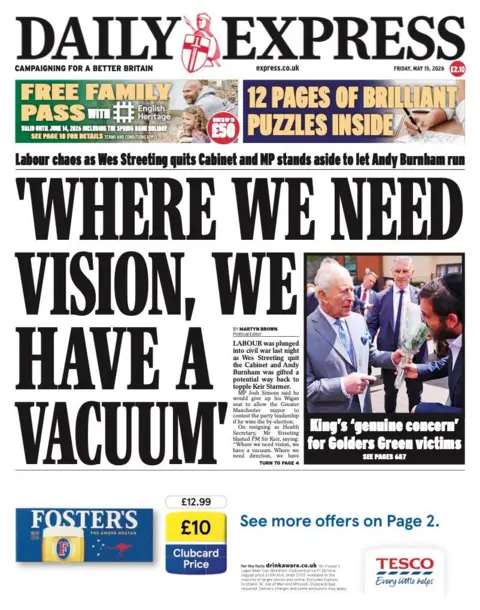 The headline on the front page of the Daily Express reads: “Where we need vision, we have a vacuum”.
