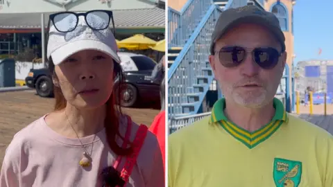 On the left, an Asian woman in a pink shirt; on the right, a white man in a yellow shirt.
