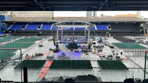 Dino Cabras A view of the boxing ring in the centre of the Portman Road pitch, taken from the press box at Portman Road, showing seating on the pitch and a structure taking shape