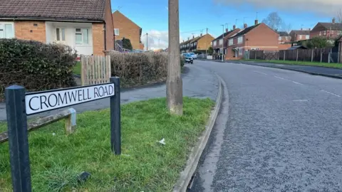Nicola Haseler/BBC A black road with brown-bricked houses on either side. Cars are parked on the side of the road. In the left of the photograph is a white street sign, supported by two black posts, which says Cromwell Road in black capitals.