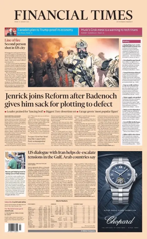 The headline on the front page of the Financial Times reads: "Jenrick joins Reform after Badenoch gives him sack for plotting to defect."