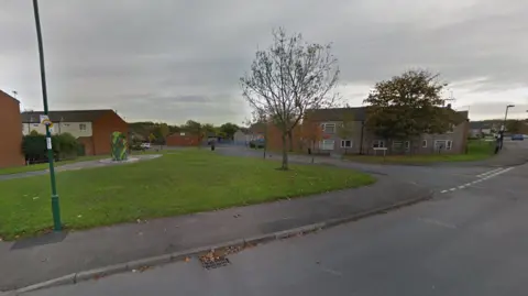 Google A grass area on a suburban road with houses in the background.