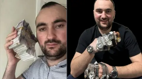 Cheshire Police Sidorjan Lleshi holds up a big bundle of cash (left) and he holds up several designer watches (right) 
