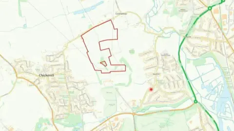 Local Democracy Reporting Service A map of Chickerell area with a red section marked out