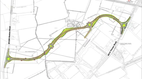 East Riding of Yorkshire Council A black and white sketched map showing a road with four roundabouts highlighted in yellow.