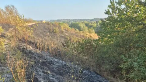 Staffordshire Fire and Rescue Service An area of hillside, the side of which has been severely damaged by a fire. There are charred remains of grass and shrubbery which was growing there and a large section of earth has been reduced to ash.