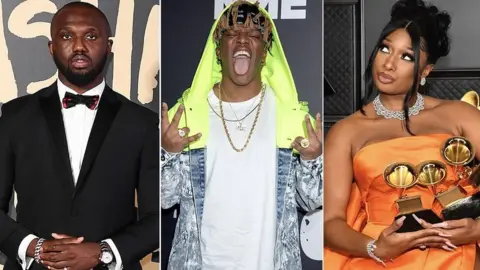 Getty Images Split screen pic of Headie One, KSI and Meg Thee Stallion