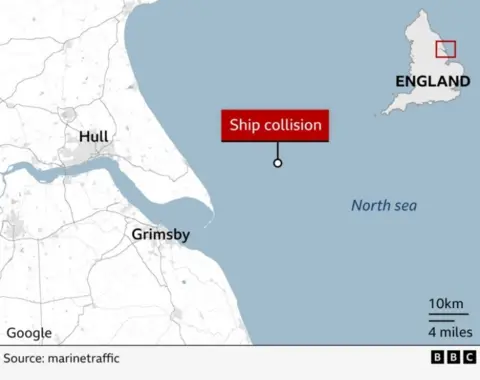 A map of the coast of East Yorkshire with a dot pointing to where the ship collision took place.