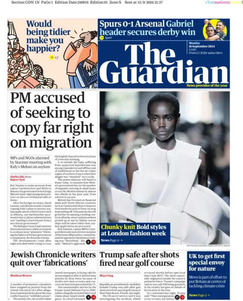 La portada de The Guardian. El titular dice: Primer Ministro acusado de intentar copiar derechos en materia de migración.