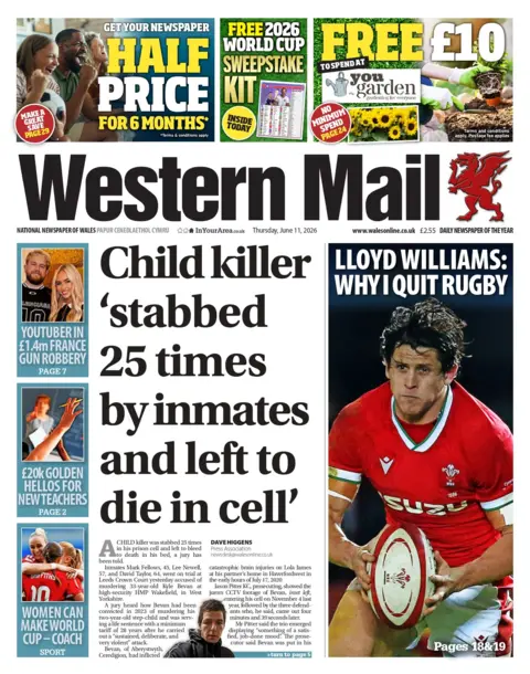Western Mail The front page of Western Mail. The main headline reads: Child killer 'stabbed 25 times by inmates and left to die in cell'