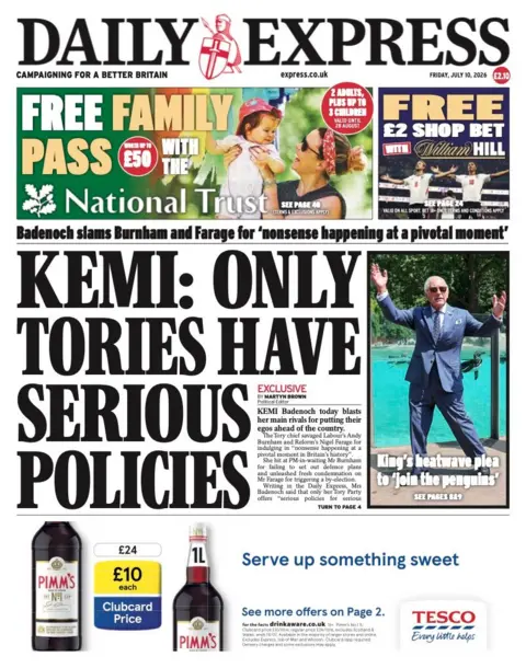 The headline on the front page of the Daily Express reads: 'Kemi: only Tories have serious policies.'