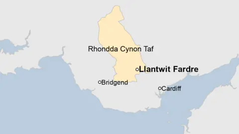 Map of south Wales showing Llantwit Fardre location