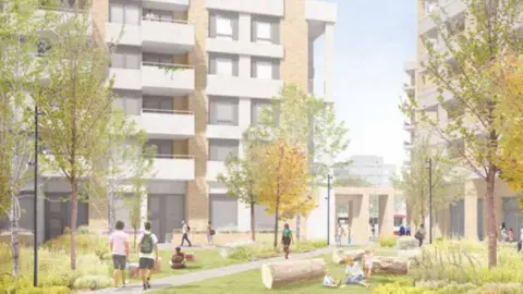 Haringey Council Design for new Broadwater Farm estate showing trees, green spaces and white tower blocks with balconies