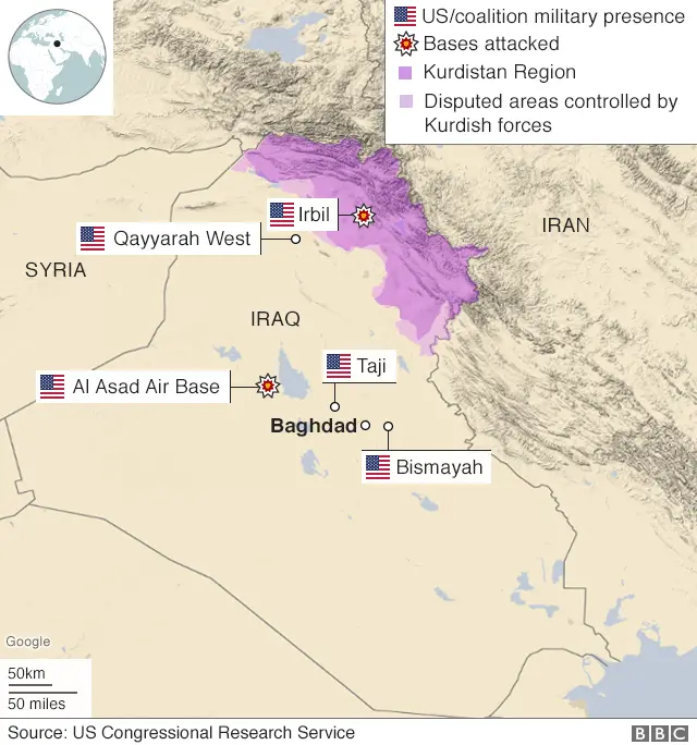 Map showing US bases in Iraq