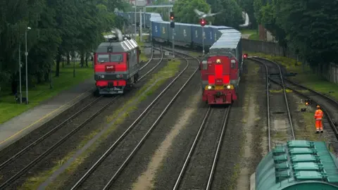 Reuters Russian freight trains at a standstill after arriving at the border railway station in Kybartai, Lithuania, from Kaliningrad