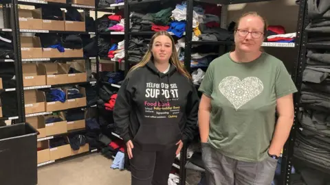 BBC Jaden Osbourne - clothing coordinator (with the Telford Crisis Support hoodie on) and Erin Aston - operations coordinator