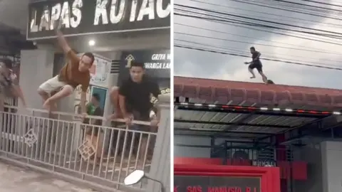 Split screen of two inmates jumping over a fence on the right and one running across a roof on the left.