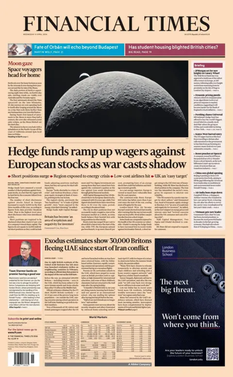 The headline on the front page of the Financial Times reads: “Hedge funds ramp up wagers against European stocks as war casts shadow”.