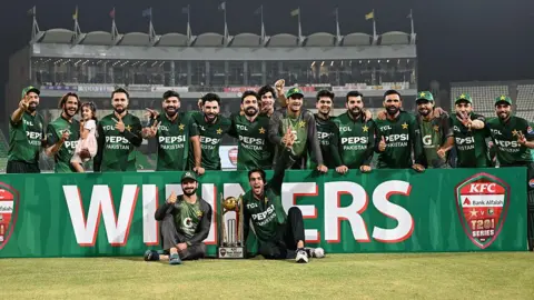Pakistan celebrate winning the T20 series against Bangladesh