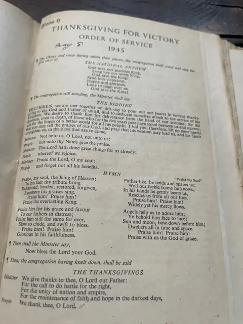 A page from an 80 year old church prayer book for VE Day