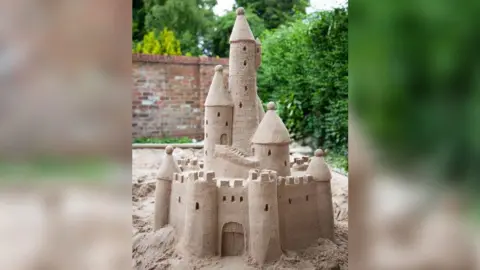 Mark Lewis An intricate castle carved out of sand with a brick wall and a row of trees behind it.