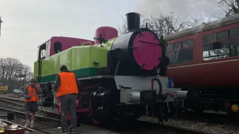 The steam train is painted in light green and dark green, with a hot pink cab, boiler, and front panel.