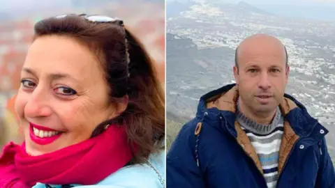 Margarita Karamolegkou and Matthaios Fytros Two photos - one is of a brunette woman with brown hair, a pink scarf and glasses on her head. She is smiling at the camera. The other photo is of a man stood in front of a hilly landscape with white buildings