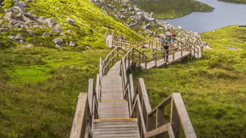 A wooden boardwalk and steps, surrounded by grasslands and bog leading down towards a lake. 