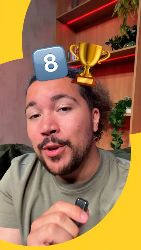 BBC Sport reporter with 'eight' and 'trophy' emoji graphic