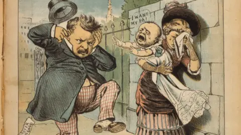 An 18th Century political cartoon of an overweight man in red and white check trousers and a grey suit and top hat having a strop, while a mother in a burgundy dress and hat sobs while holding a crying baby.  Text reads: I want my pa.