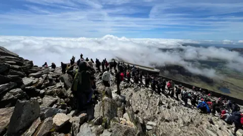 Olly Outdoors This image shows the summit of Snowdon, with queues of people waiting to reach the top.