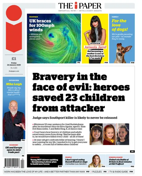 The headline in the i reads: "Bravery in the face of evil: heroes saved 23 children from attacker". 