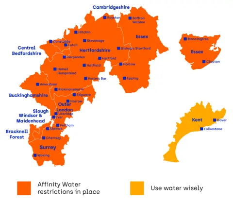 Affinity Water A map showing where the hose pipe restrictions have been put in place
