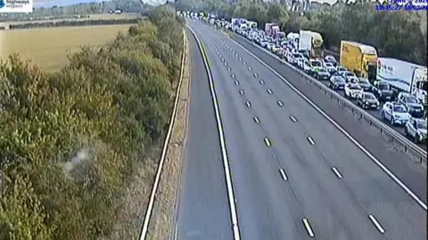 Queuing traffic on a lane of the M5 motorway