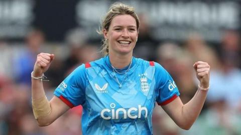 England's Lauren Bell celebrates a wicket