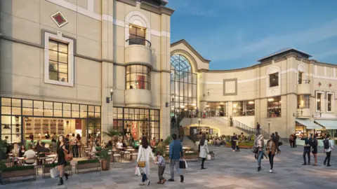 Phil Sheridan A CGI mock up of the outside of the proposed plans for Queens Arcade. It is a stone building, with restaurants out front with outdoor seating, and people with shopping bags walking by.