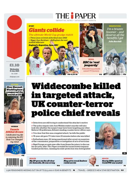 "Widdecombe killed in targeted attack, UK counter-terror police chief reveals," reads the headline on the front page of the i Paper.