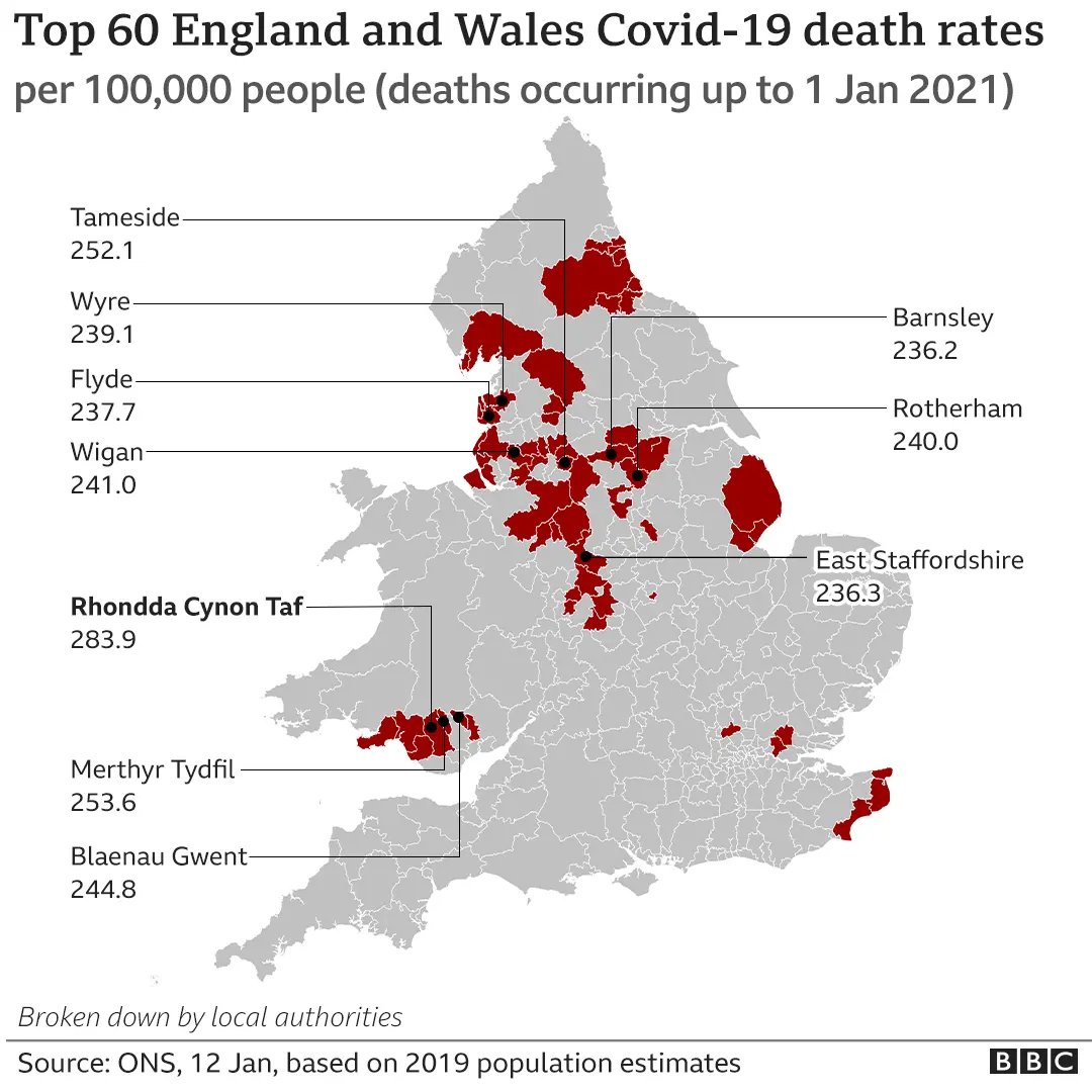 This map shows three valleys areas in south Wales among the highest for crude mortality rates involving Covid