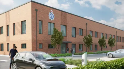 An artist's impression of what the new police base will look like. A man is by a car in the bottom left of the photo and a building, including a police logo high up one wall, is in the background. 